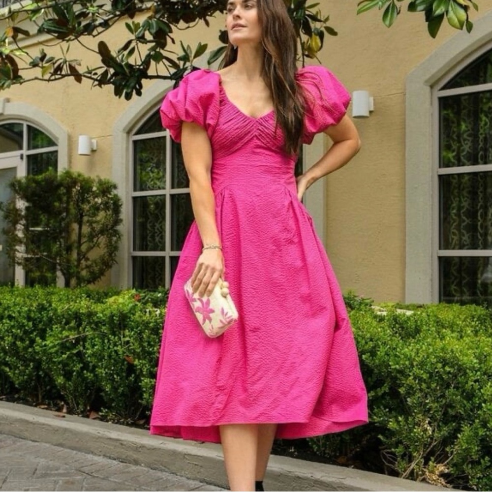 FRAME Hot Pink Puff-Sleeve Midi Dress